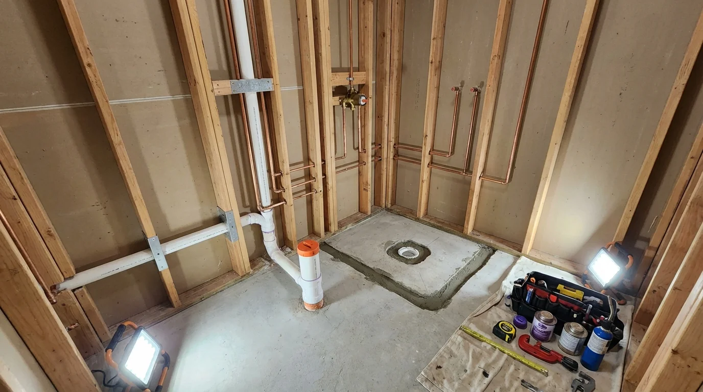Bathroom rough-in plumbing during remodel by Johns Plumbing LLC in Wibaux