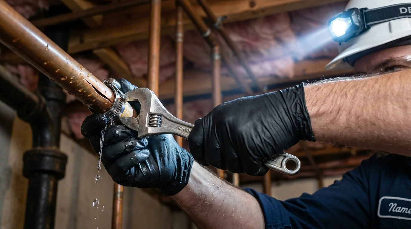 Emergency pipe clamp repair being performed by a Johns Plumbing LLC plumber in Wibaux
