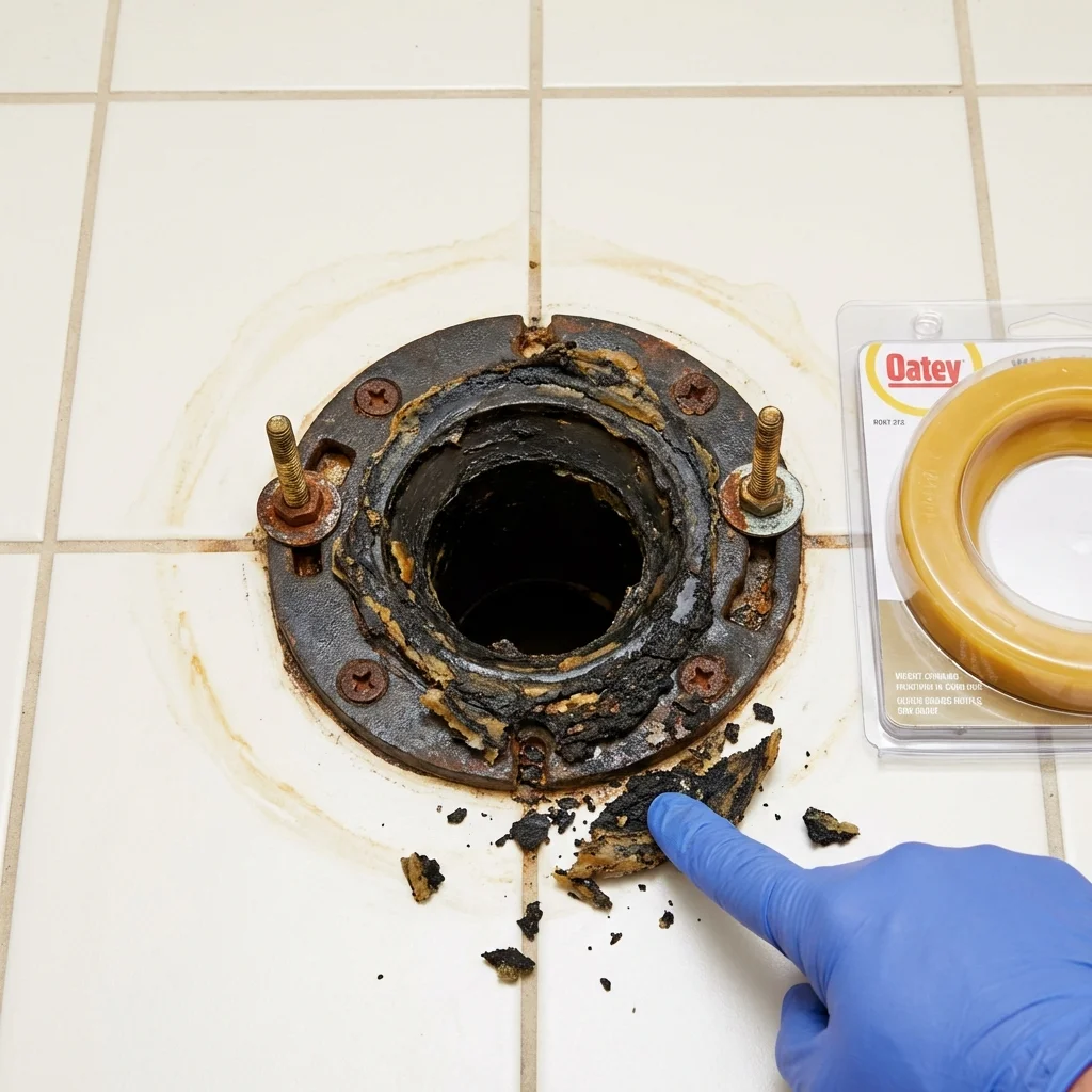 Failed wax ring showing water seepage at the base of a toilet in a Wibaux, MT home