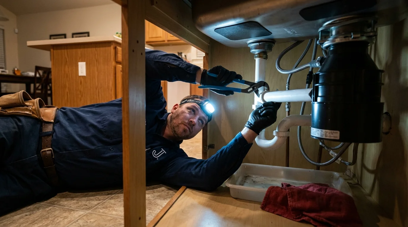 P-trap and supply line connections under a kitchen sink showing a common leak point in Wibaux, MT